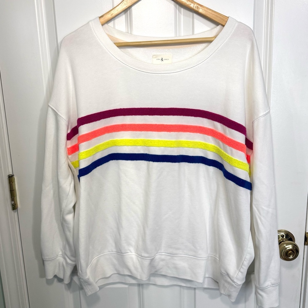 Lou and Grey White and Rainbow Striped Neon Sweater Sweatshirt Size Large